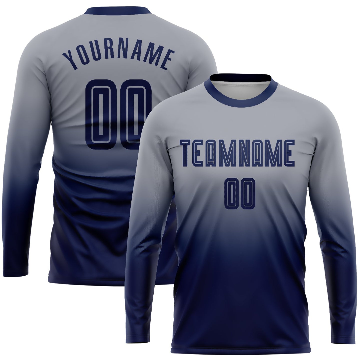 Camiseta de fútbol personalizada de manga larga con desvanecimiento por sublimación en gris azul marino