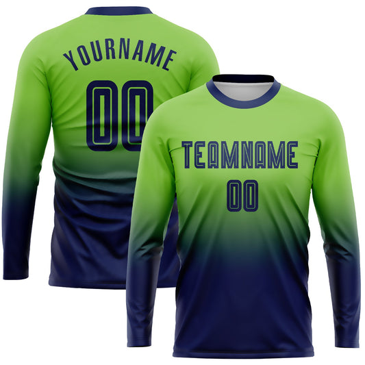 Camiseta de fútbol personalizada de manga larga con degradado, color verde neón y azul marino, sublimada