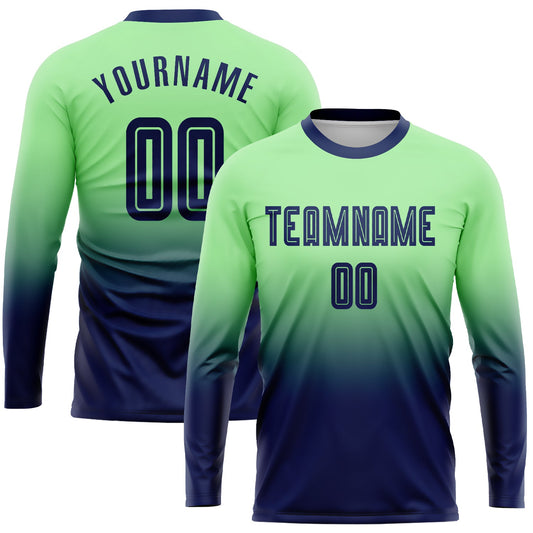 Camiseta de fútbol personalizada de manga larga con degradado, color verde guisante y azul marino, sublimada