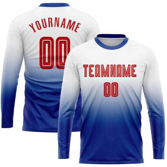Camiseta de fútbol personalizada de manga larga con degradado, sublimación en blanco y rojo real