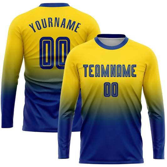 Camiseta de fútbol personalizada de manga larga con sublimación dorada y efecto degradado