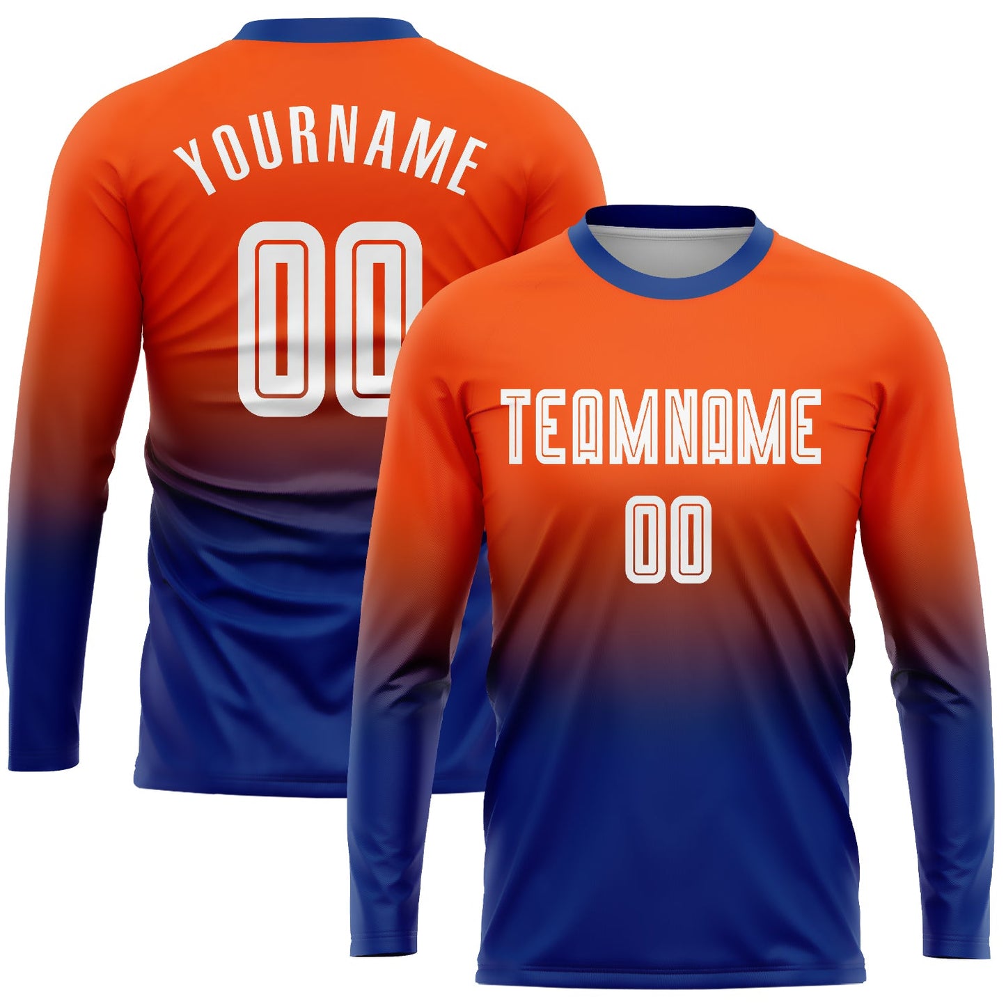 Camiseta de fútbol personalizada de manga larga con desvanecimiento, color naranja, blanco y azul real, sublimada