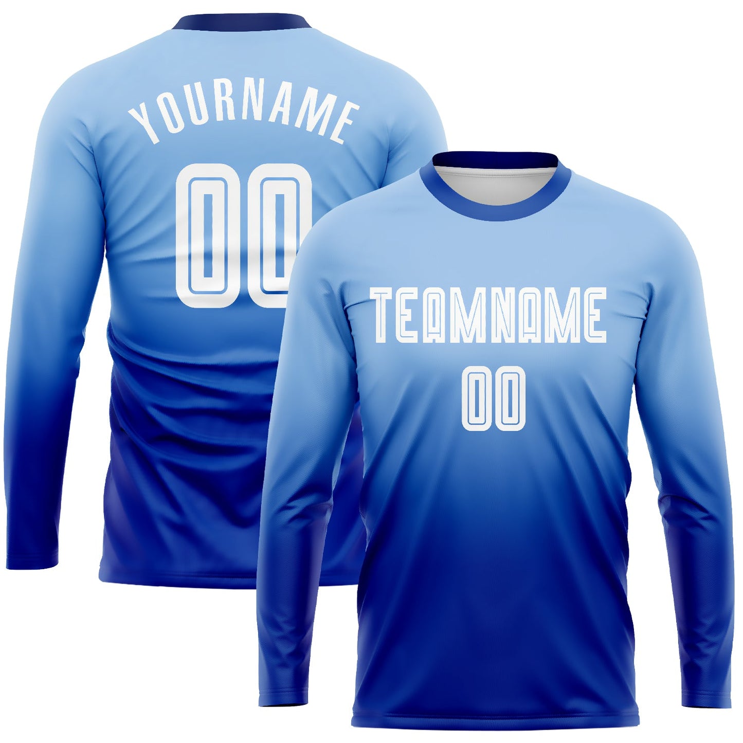 Camiseta de fútbol personalizada de manga larga con desvanecimiento, color azul claro, blanco y azul rey, sublimada