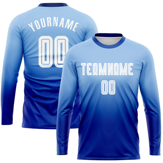 Camiseta de fútbol personalizada de manga larga con desvanecimiento, color azul claro, blanco y azul rey, sublimada