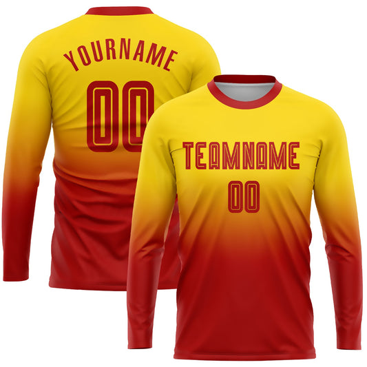 Camiseta de fútbol personalizada de manga larga con sublimación en rojo y dorado