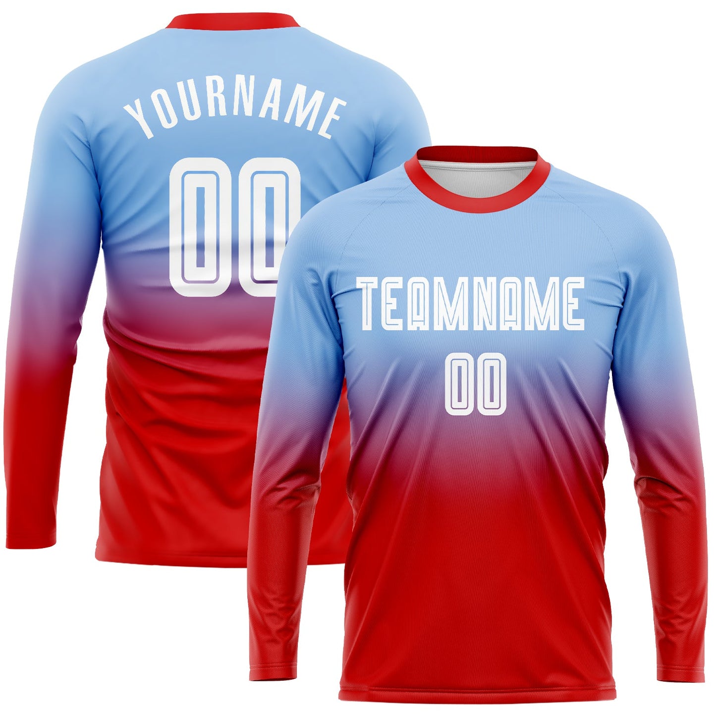 Camiseta de fútbol personalizada de manga larga con sublimación en azul claro, blanco y rojo, con efecto desteñido
