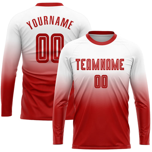 Camiseta de fútbol personalizada de manga larga con sublimación en blanco y rojo, con efecto desteñido