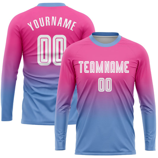 Camiseta de fútbol personalizada de manga larga con sublimación en rosa, blanco y azul claro.