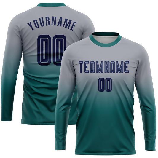 Camiseta de fútbol personalizada de manga larga con desvanecimiento, color gris azulado y azul marino, sublimada