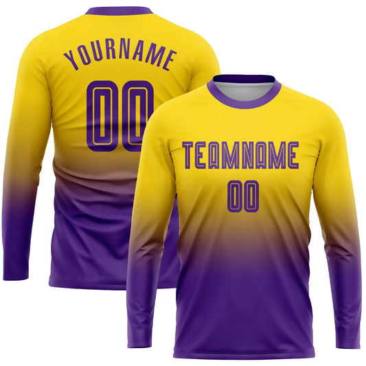 Camiseta de fútbol personalizada de manga larga con sublimación en dorado y morado