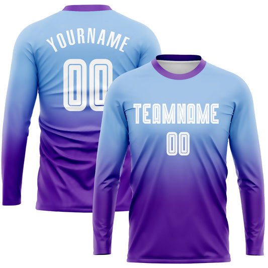 Camiseta de fútbol personalizada de manga larga con degradado, color azul claro, blanco y morado, sublimada