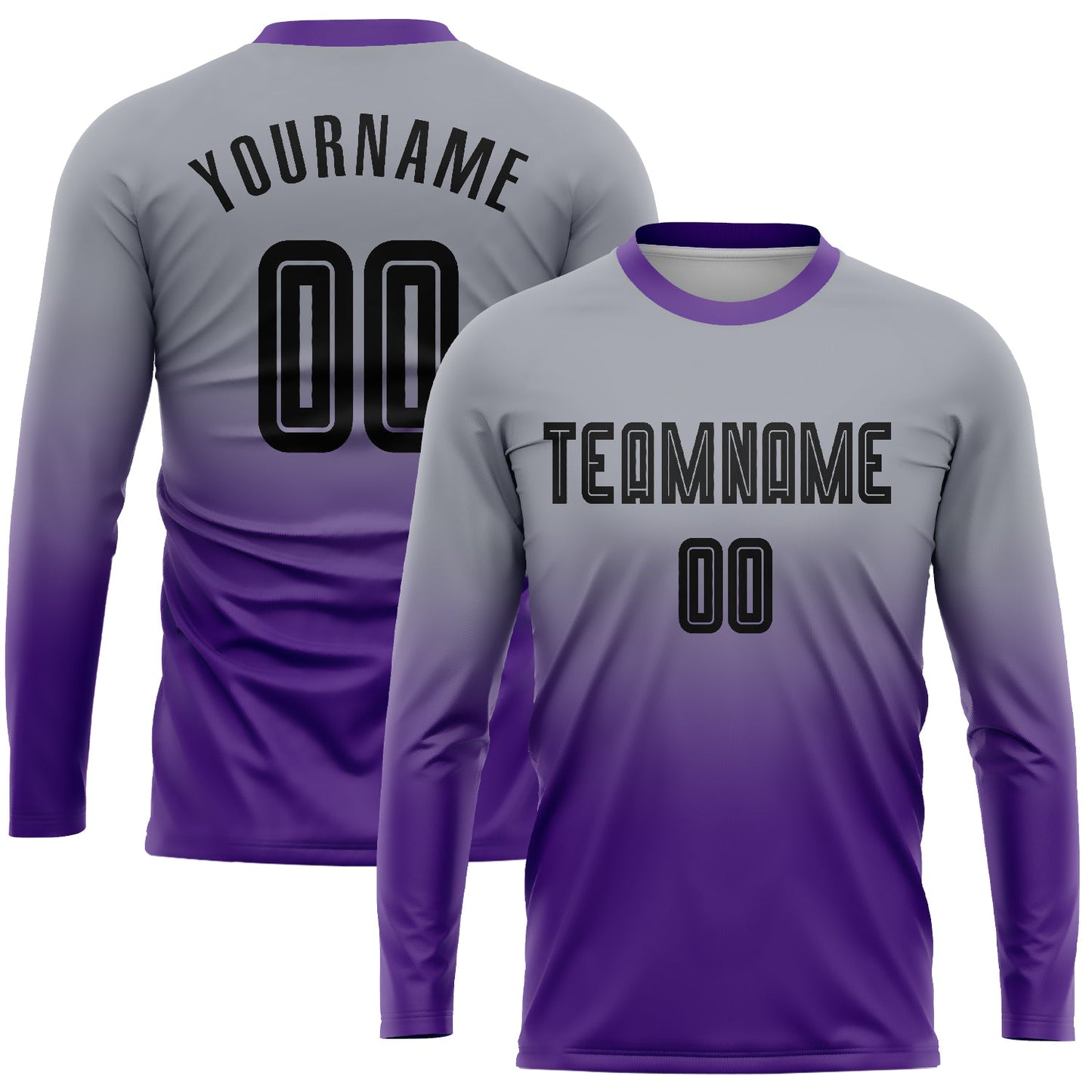 Camiseta de fútbol personalizada de manga larga con sublimación en gris, negro y morado, con efecto desteñido
