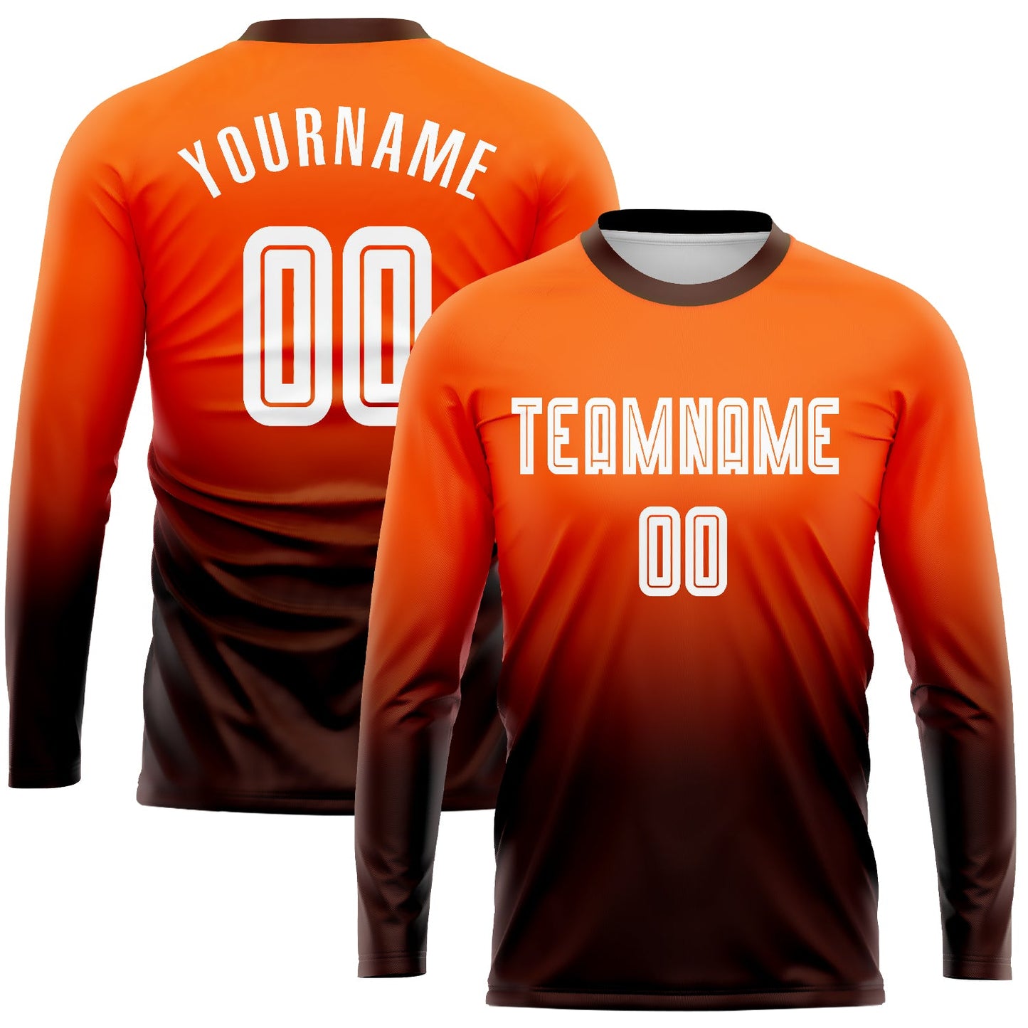Camiseta de fútbol personalizada de manga larga con sublimación en naranja, blanco y marrón, con efecto desteñido