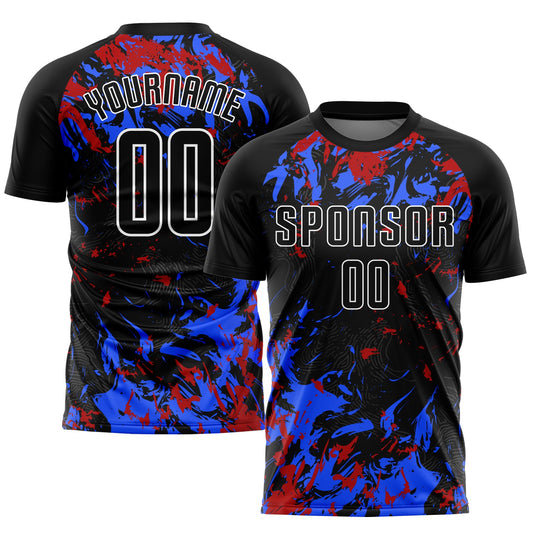 Camiseta de fútbol personalizada con sublimación en negro, azul real y rojo