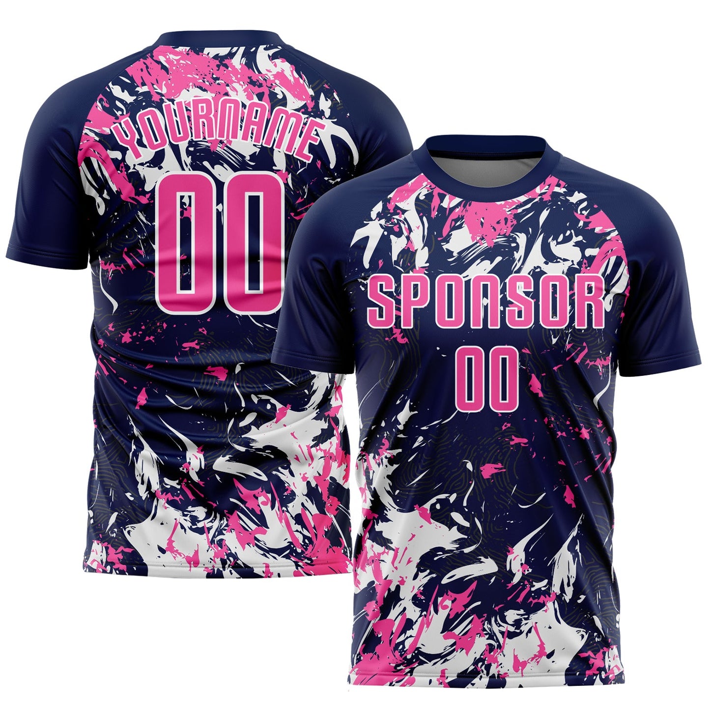 Camiseta de fútbol personalizada con sublimación en rosa y blanco azul marino