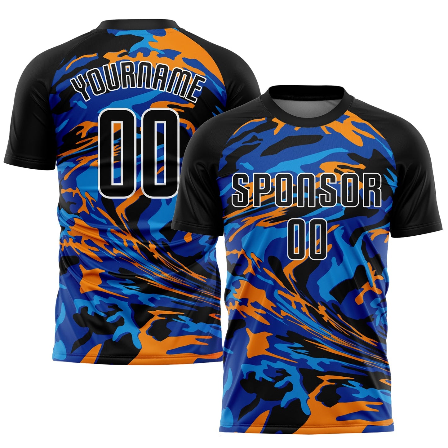 Camiseta de fútbol personalizada con sublimación en negro, azul marino y naranja