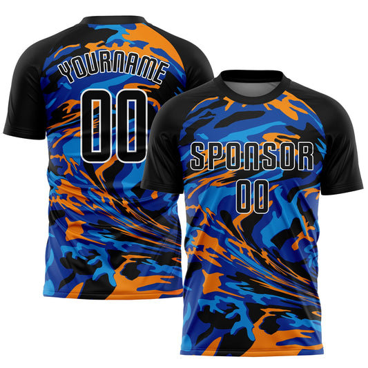 Camiseta de fútbol personalizada con sublimación en negro, azul marino y naranja