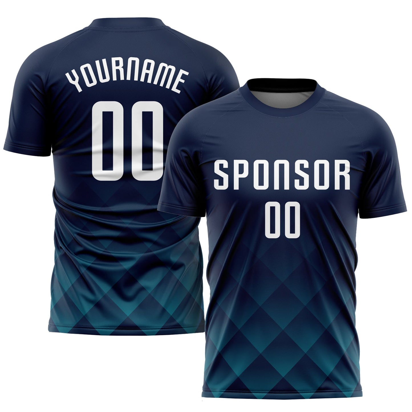 Camiseta de fútbol personalizada con sublimación en azul marino, blanco y verde azulado