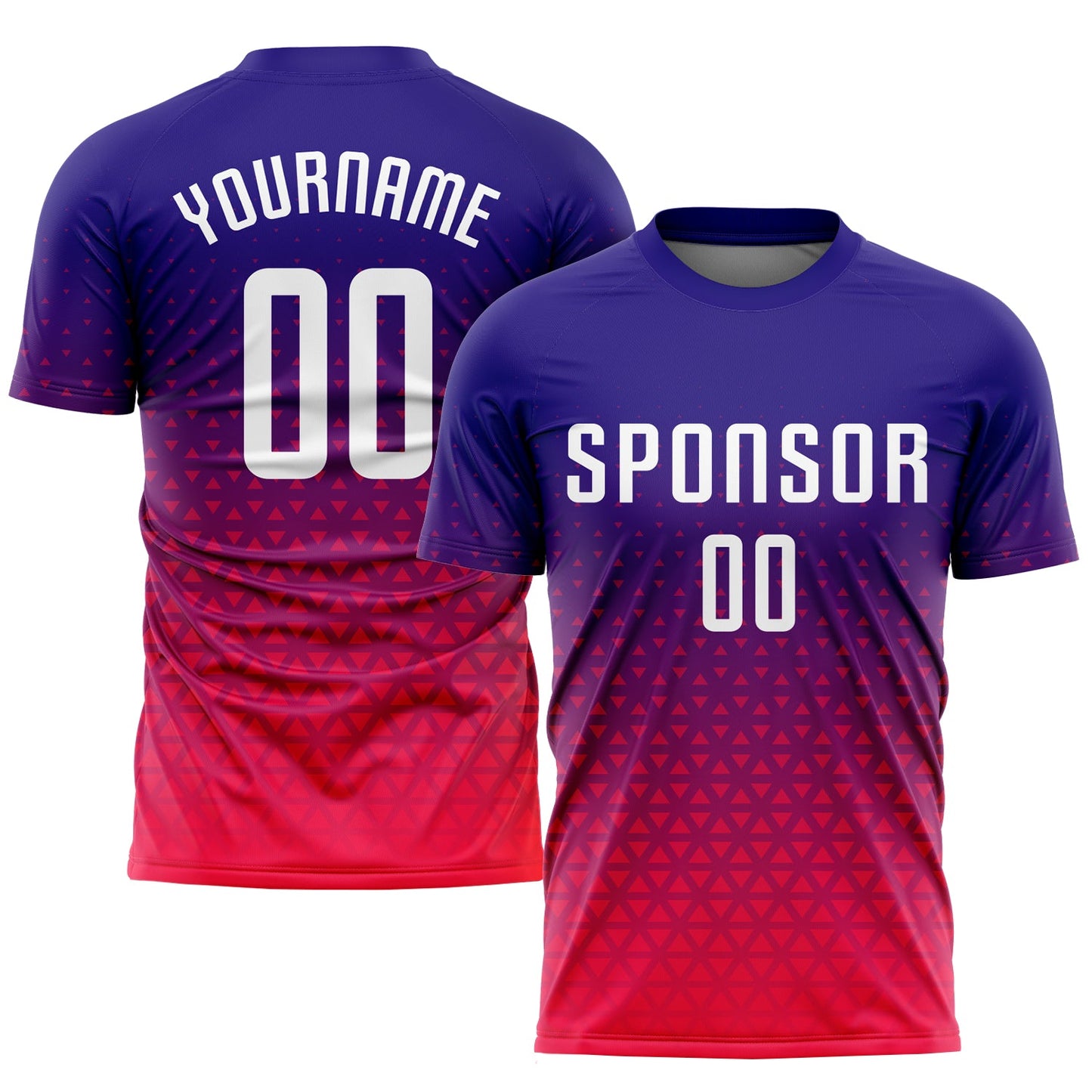 Camiseta de fútbol personalizada con sublimación en morado, blanco y rosa intenso