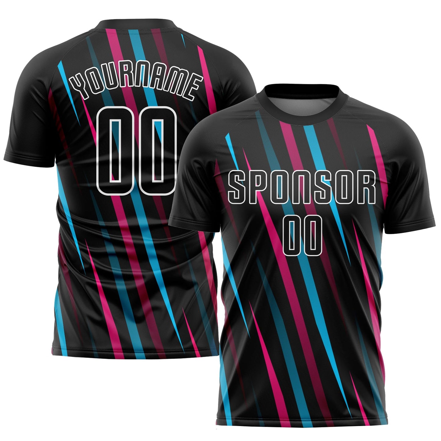 Camiseta de fútbol personalizada con sublimación en negro, azul claro y rosa.
