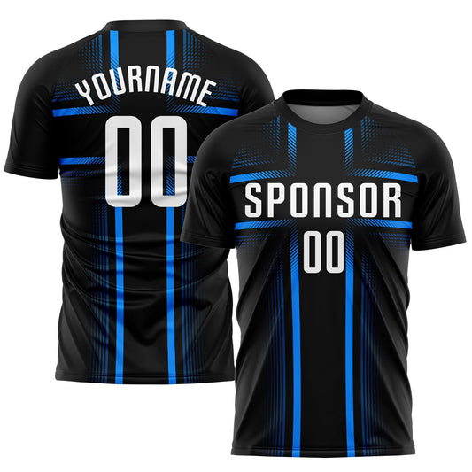 Camiseta de fútbol personalizada con sublimación en negro, blanco y azul claro