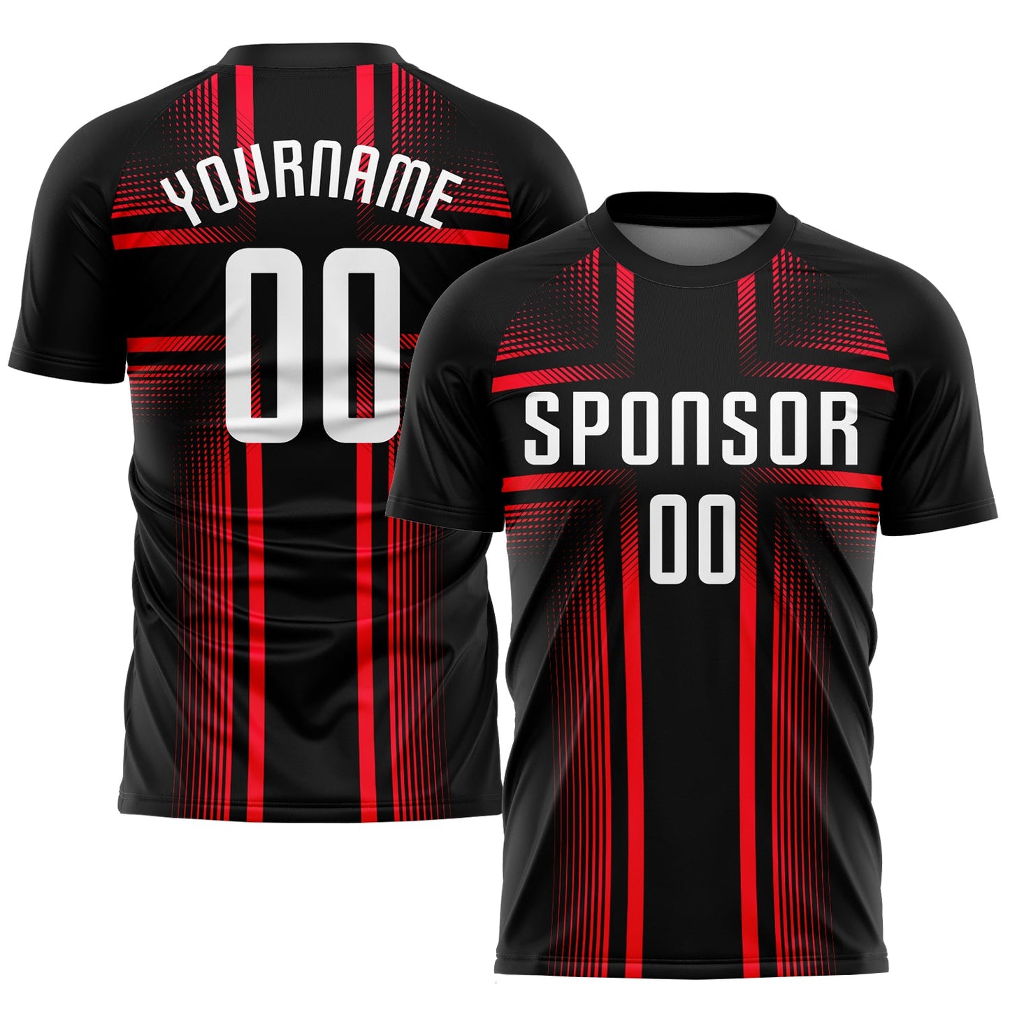 Camiseta de fútbol personalizada con sublimación en negro, blanco y rosa intenso