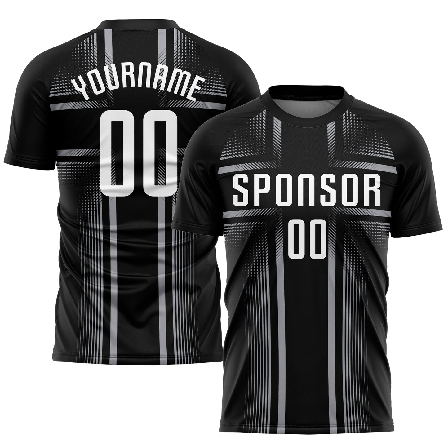 Camiseta de fútbol personalizada con sublimación en negro, blanco y gris