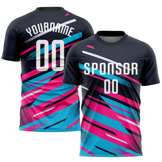 Camiseta de fútbol personalizada con sublimación azul marino, blanco, rosa y azul claro