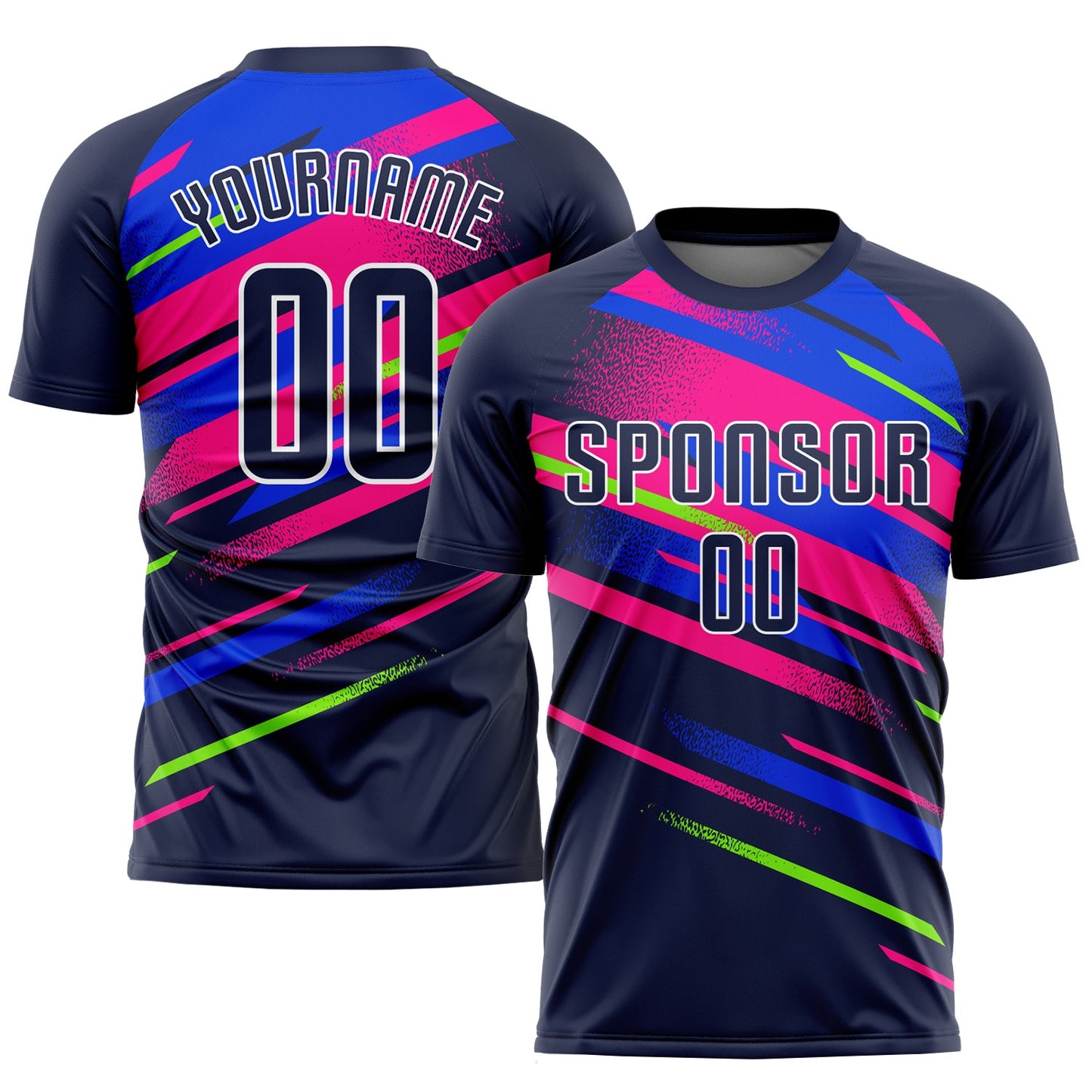 Camiseta de fútbol personalizada con sublimación en azul marino y rosa rey