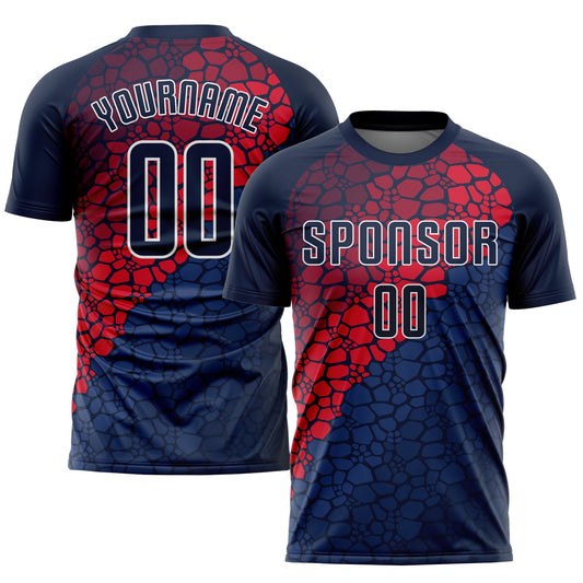 Camiseta de fútbol personalizada con sublimación azul marino y rojo
