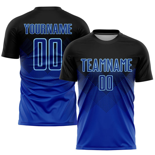 Camiseta de fútbol personalizada con sublimación en negro royal-azul claro