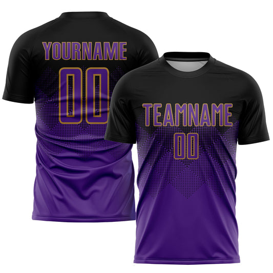 Camiseta de fútbol personalizada con sublimación en negro, morado y oro viejo