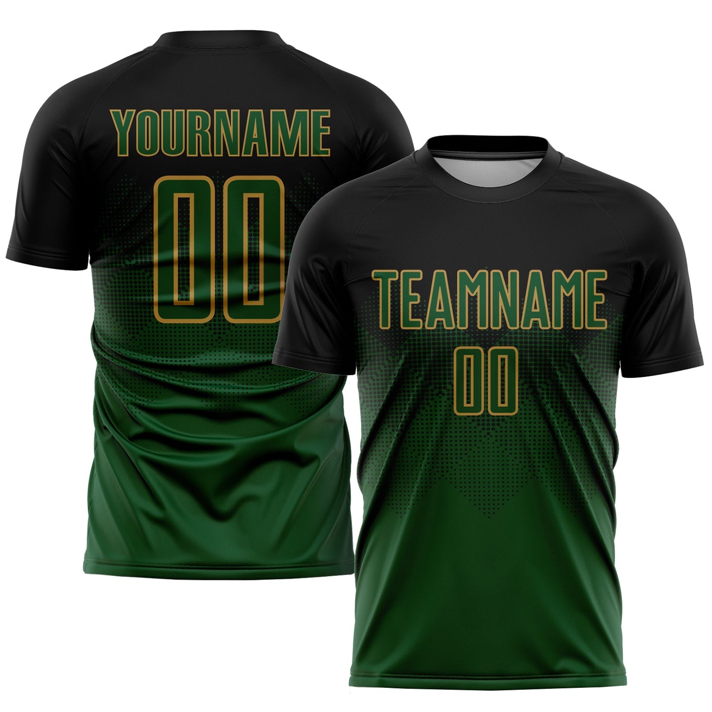 Camiseta de fútbol personalizada con sublimación en negro, verde y oro viejo