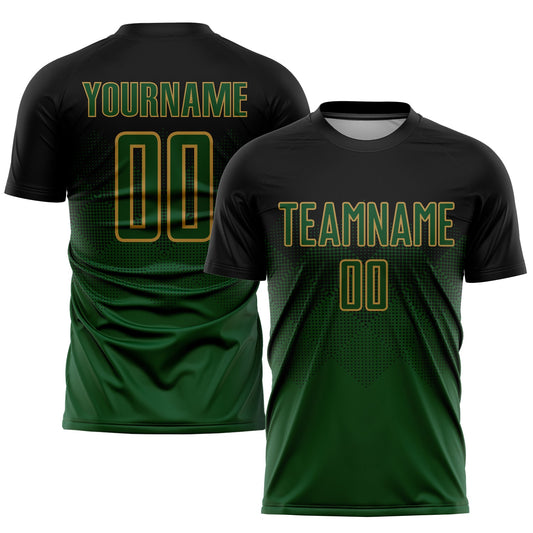Camiseta de fútbol personalizada con sublimación en negro, verde y oro viejo