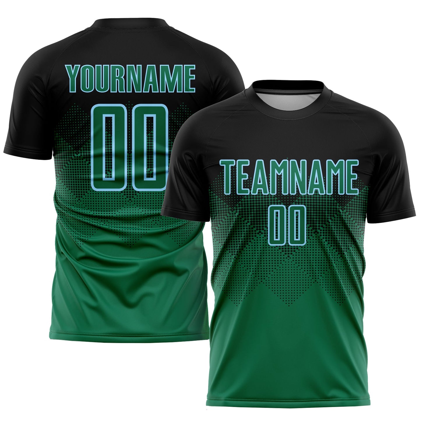 Camiseta de fútbol personalizada con sublimación en negro, verde Kelly y azul claro