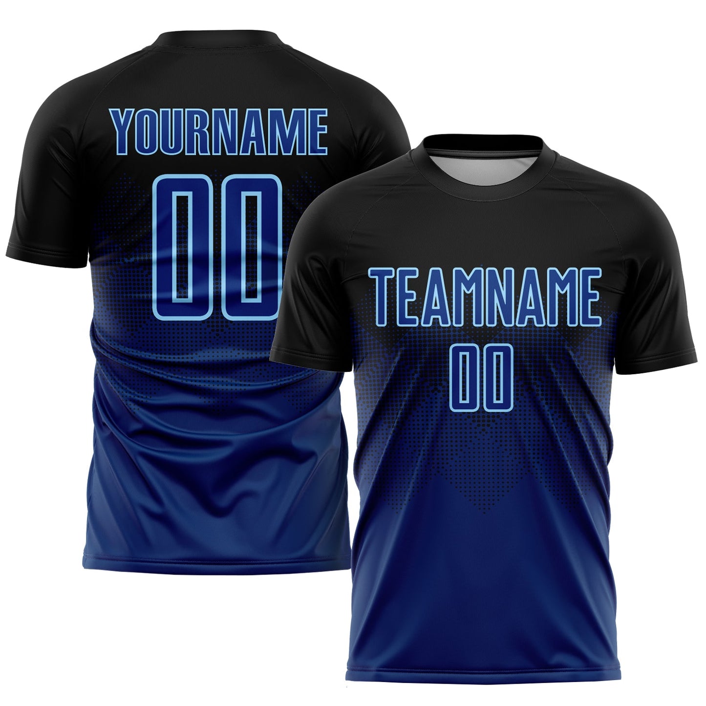 Camiseta de fútbol personalizada con sublimación en azul marino y azul claro de EE. UU., color negro