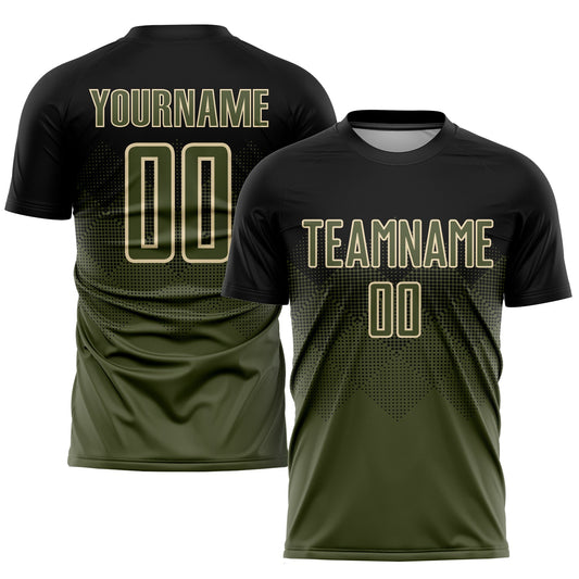 Camiseta de fútbol personalizada con sublimación en color negro oliva y crema