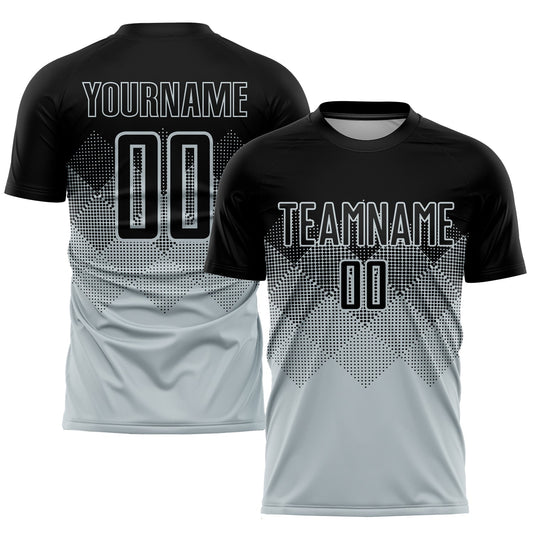 Camiseta de fútbol personalizada con sublimación en negro y plateado