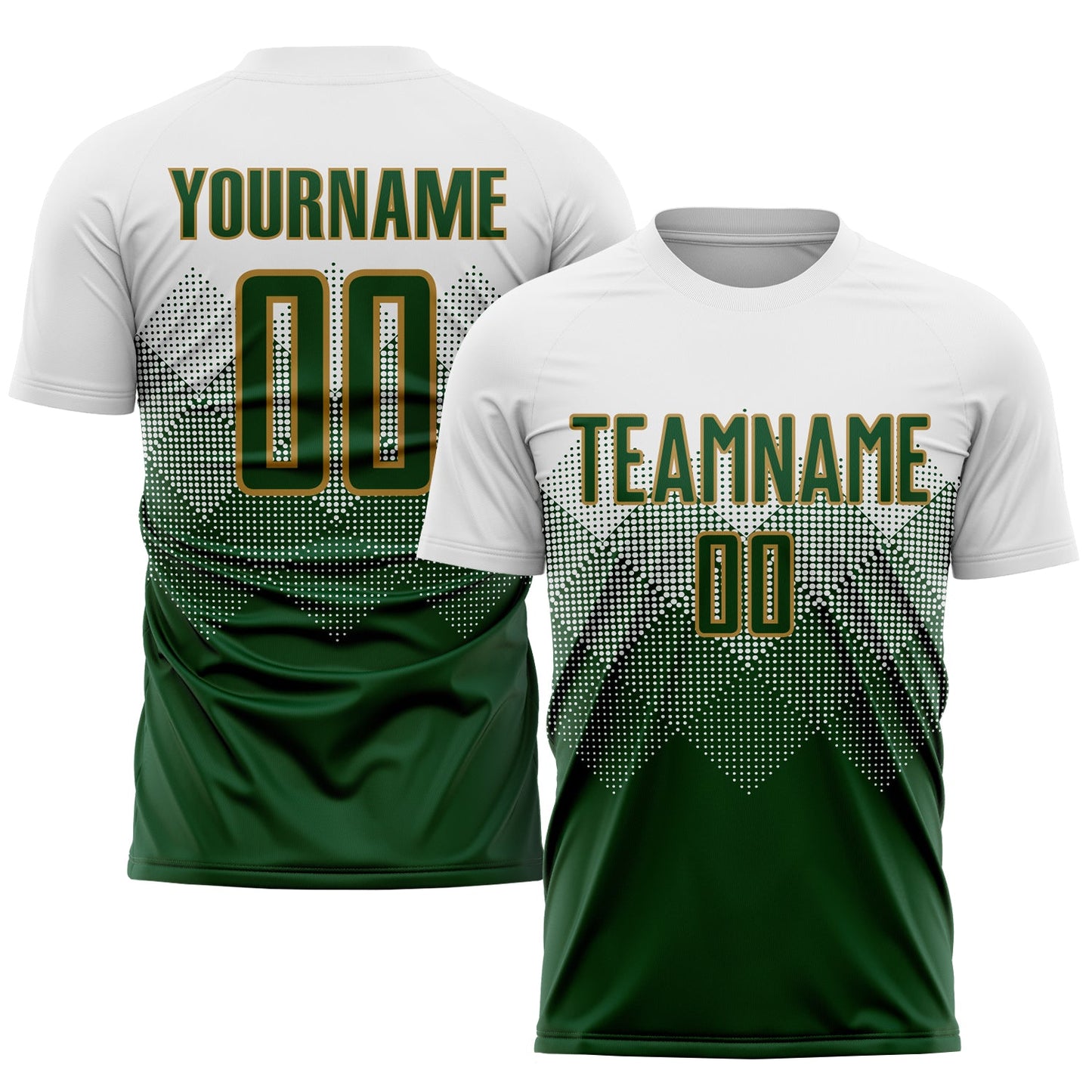 Camiseta de fútbol personalizada con sublimación en blanco, verde y oro viejo