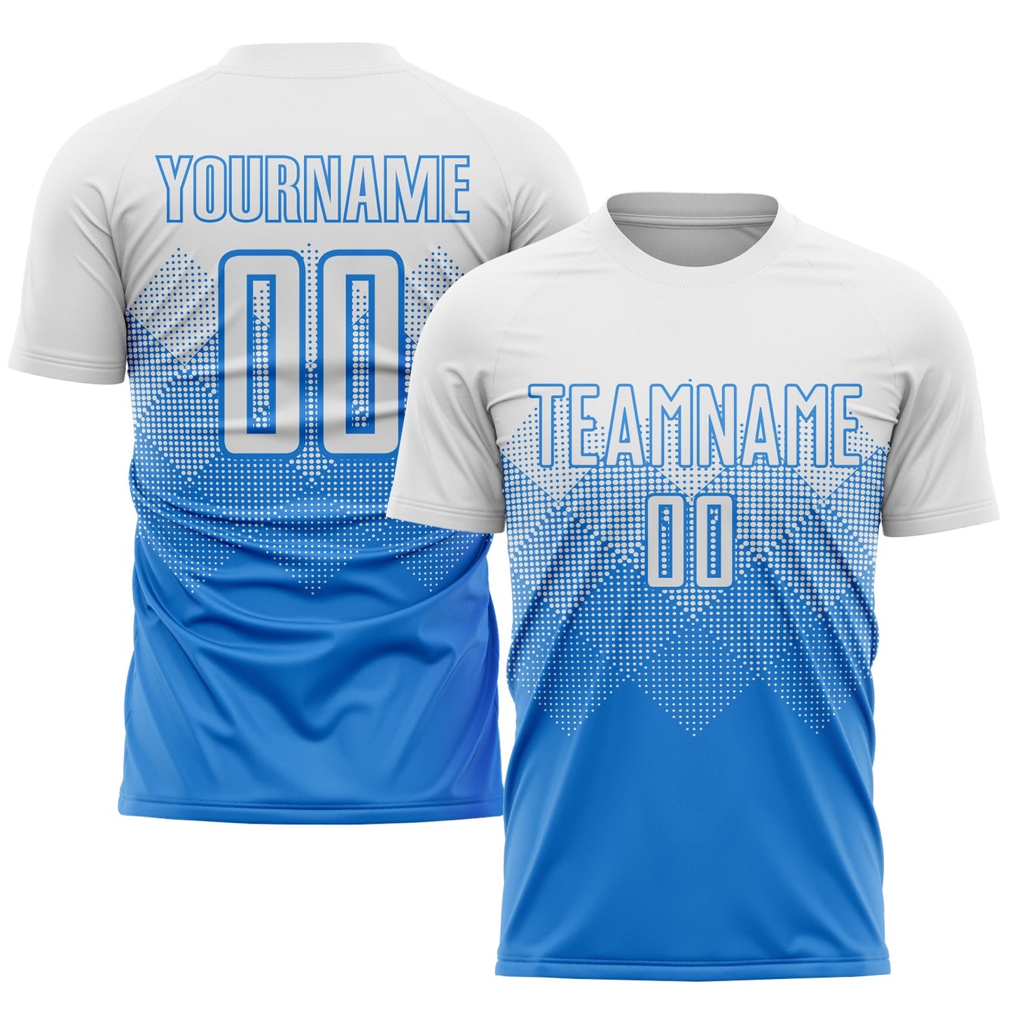Camiseta de fútbol personalizada de sublimación en azul claro y blanco