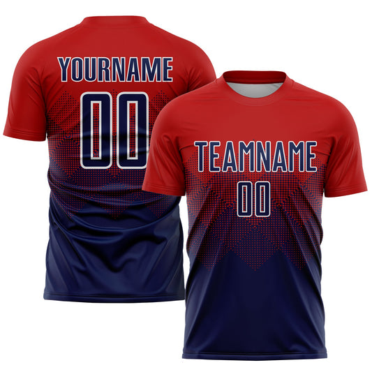 Camiseta de fútbol personalizada con sublimación en rojo, azul marino y blanco
