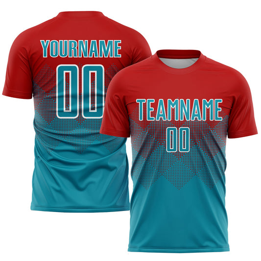 Camiseta de fútbol personalizada con sublimación en rojo, verde azulado y blanco