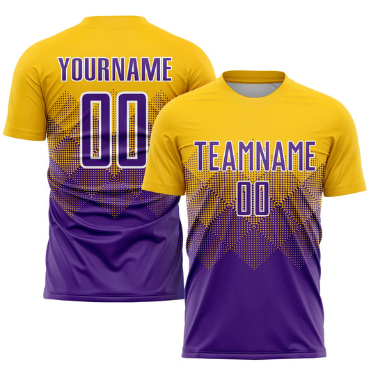 Camiseta de fútbol personalizada con sublimación en dorado, morado y blanco