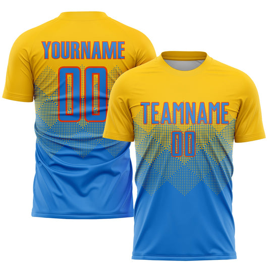 Camiseta de fútbol personalizada con sublimación en azul y naranja dorado