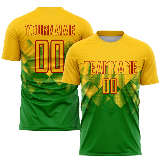 Camiseta de fútbol personalizada con sublimación en verde hierba, dorado y rojo