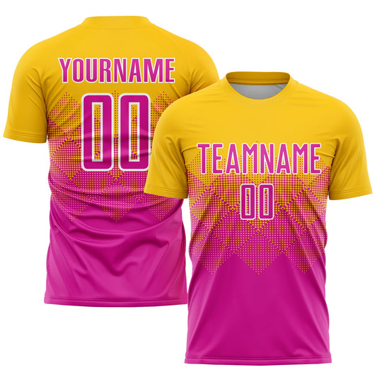 Camiseta de fútbol personalizada con sublimación en rosa intenso y blanco dorado