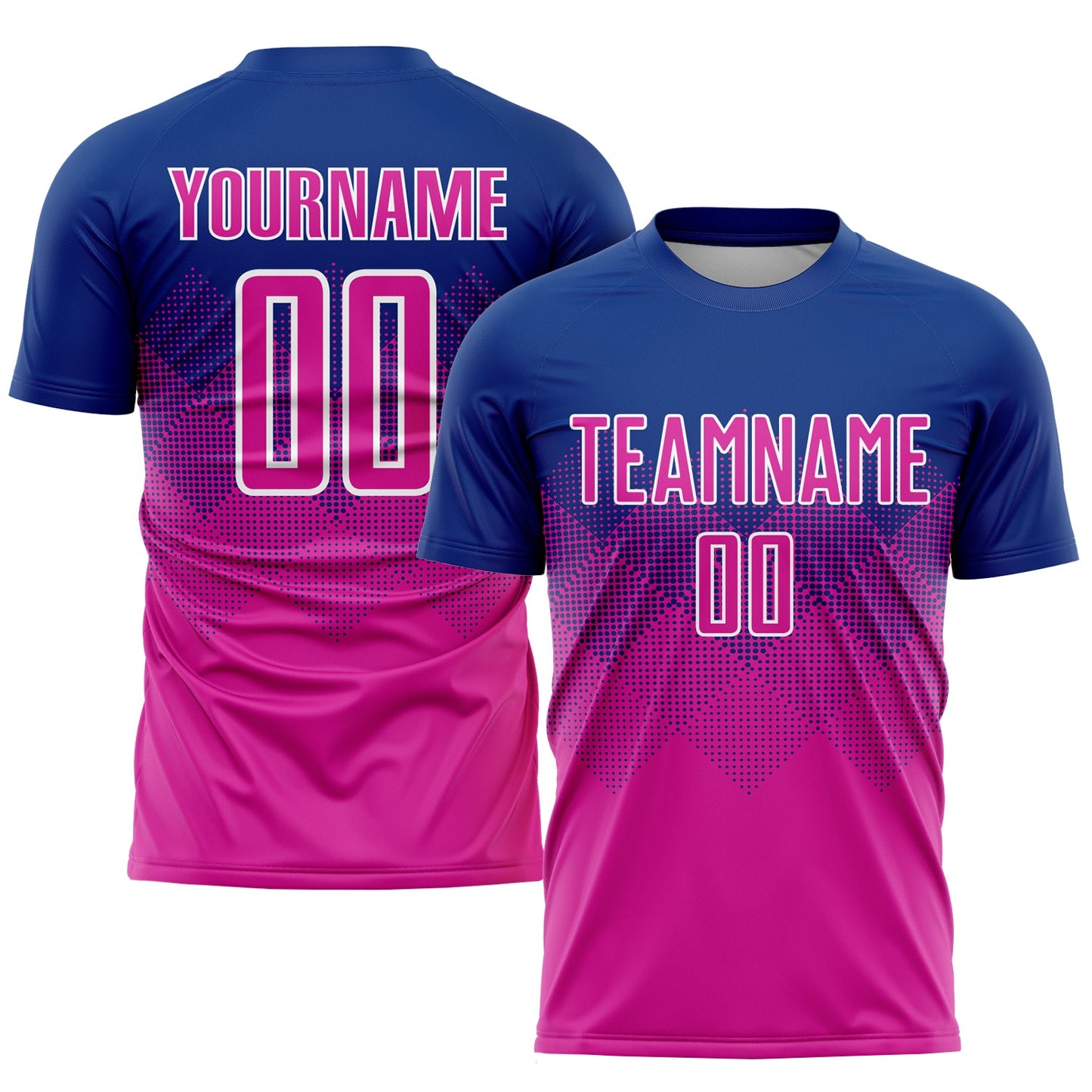 Camiseta de fútbol personalizada con sublimación en rosa intenso y blanco