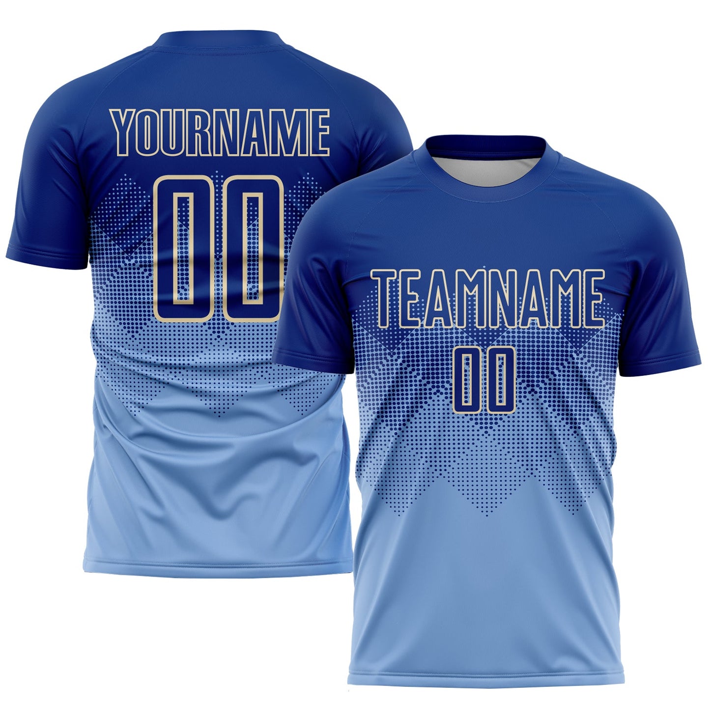 Camiseta de fútbol personalizada con sublimación en azul claro y crema rey