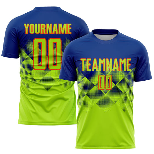 Camiseta de fútbol personalizada con sublimación en verde neón y naranja real