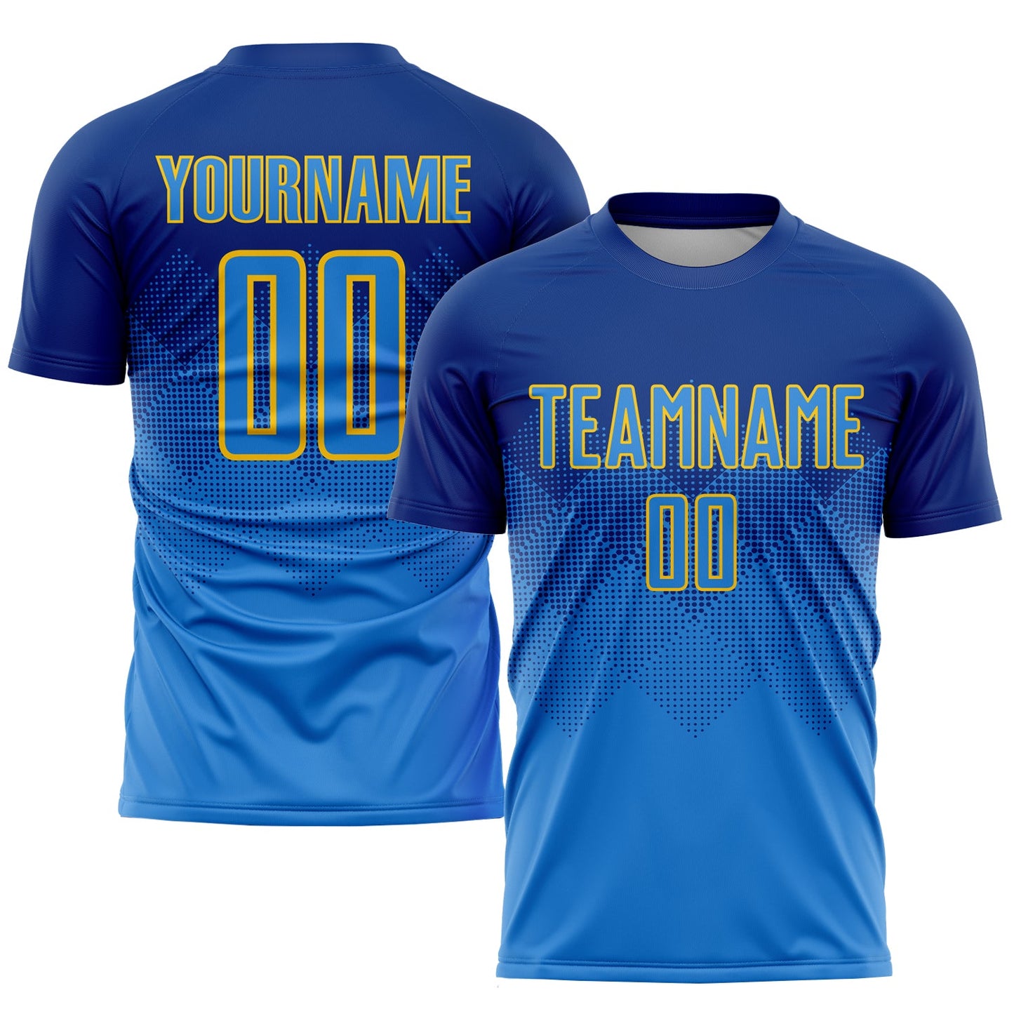 Camiseta de fútbol personalizada con sublimación en azul real y dorado